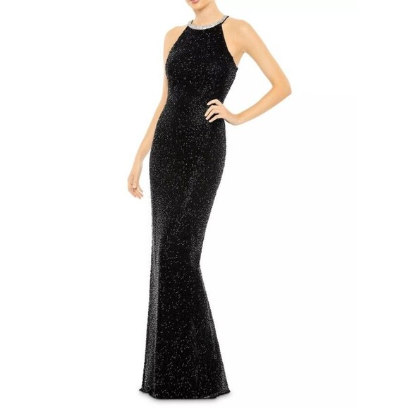 MAC DUGGAL 93742 BEADED HIGH NECK COLUMN BLACK GOWN sz 10 - Picture 1 of 4